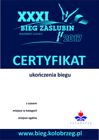 Certyfikat ukończenia 31 Biegu Zaślubin 2017 w Kołobrzegu